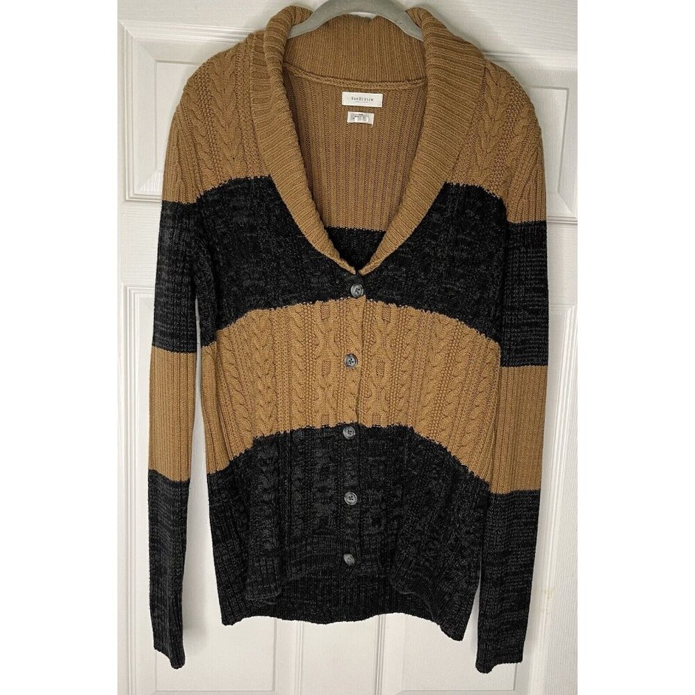 Van Heusen Womens Large Chunky Cardigan Sweater Black Brown Stripes V Neck Fall